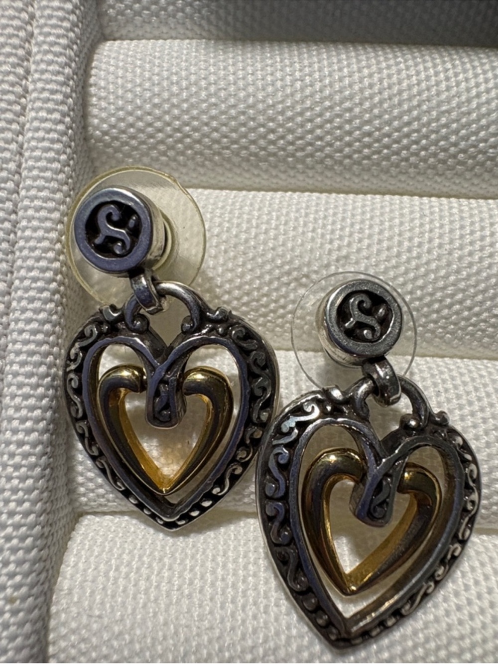 Brighton Retired Silver Gold Heart Dangle Earrings